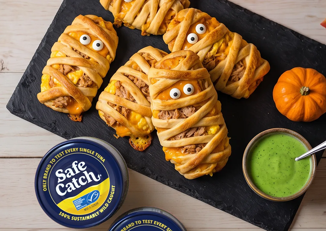 Ahi Mummy Melts pastry bundles with Safe Catch Wild Ahi Yellowfin Tuna and a green avocado dip