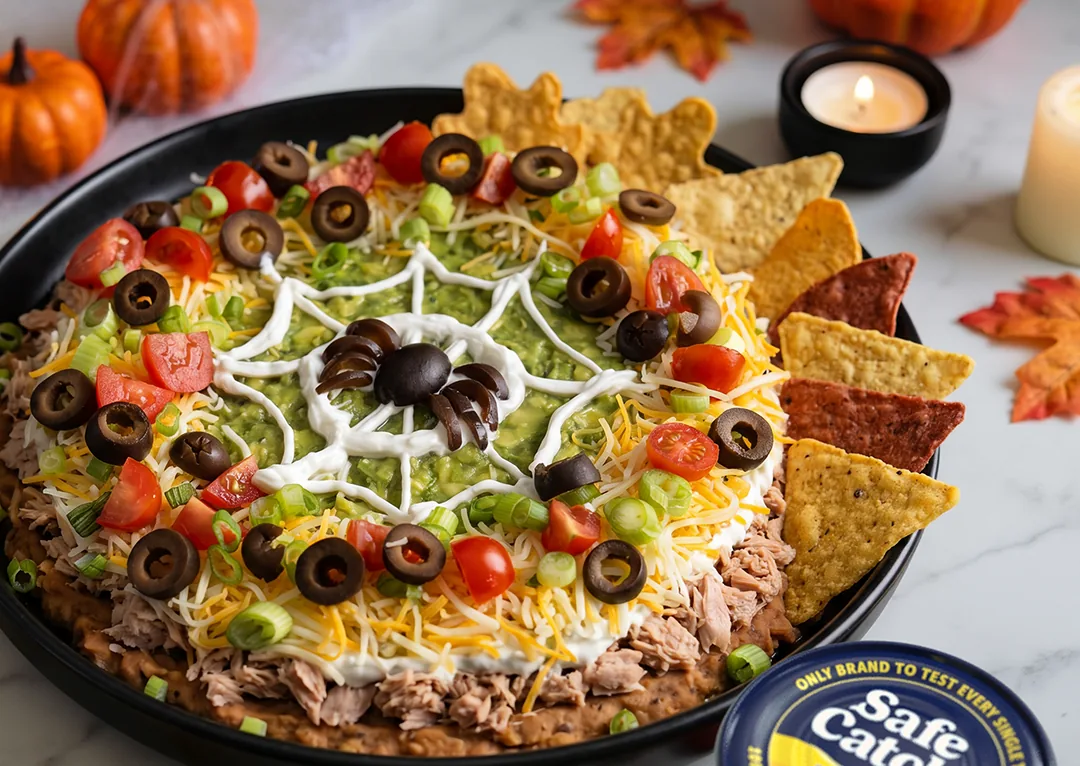 Layered Spiderweb Ahi Dip with a sour cream web and olive spider, served with tortilla chips