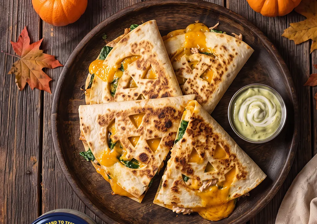 Jack-o-lantern Tuna Melt Quesadillas with an avocado-lime dip